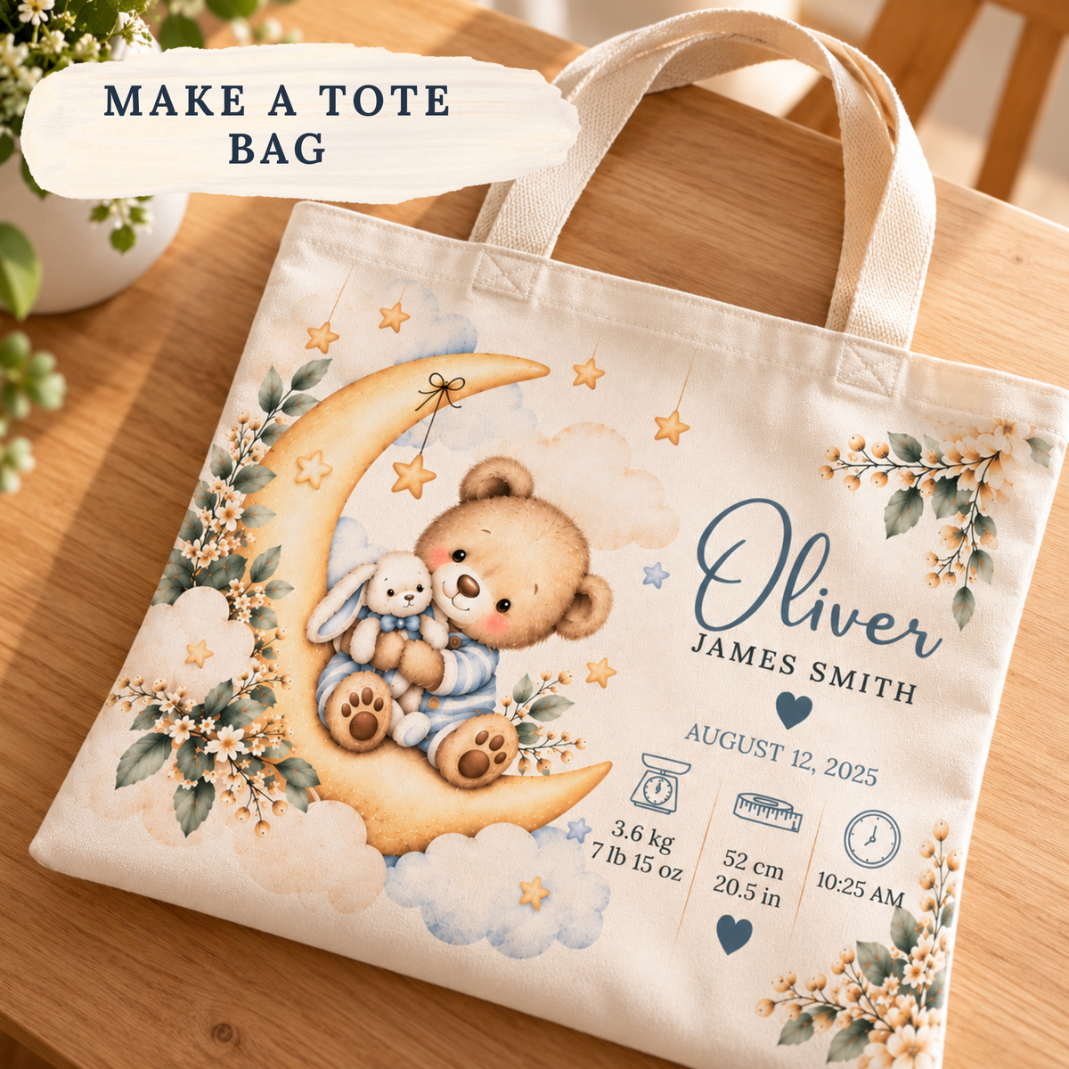 Personalized Baby Birth Stats Cotton Fabric Panel – Custom Newborn Keepsake