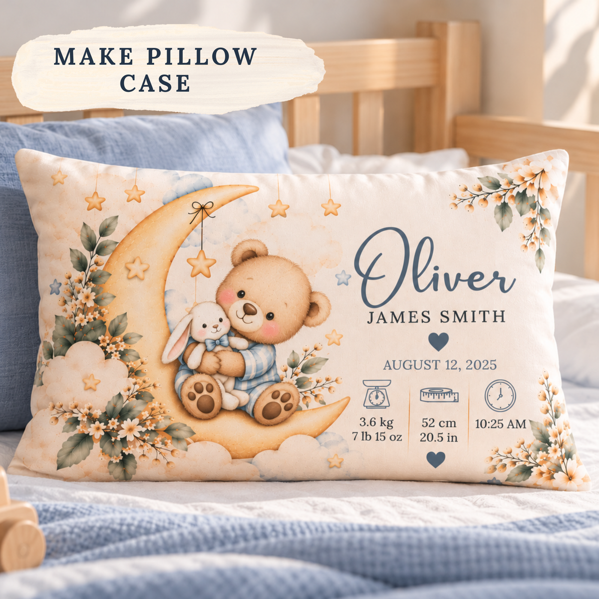 Personalized Baby Birth Stats Cotton Fabric Panel – Custom Newborn Keepsake