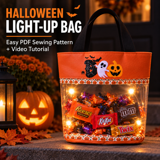 Halloween Tote Bag Sewing Pattern PDF – Light-Up Trick or Treat Bag for Kids, DIY Glow-in-the-Dark Candy Bag