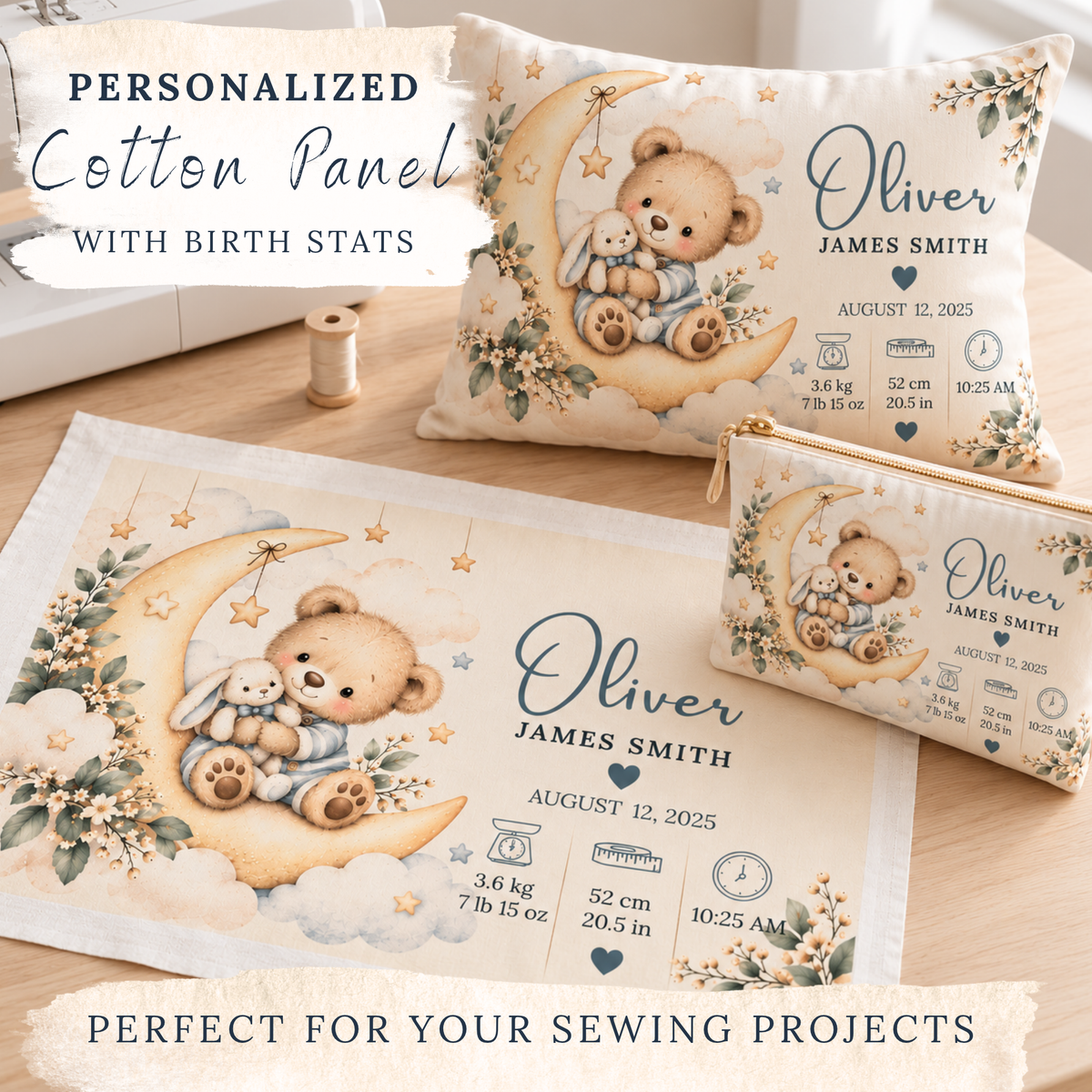 Personalized Baby Birth Stats Cotton Fabric Panel – Custom Newborn Keepsake
