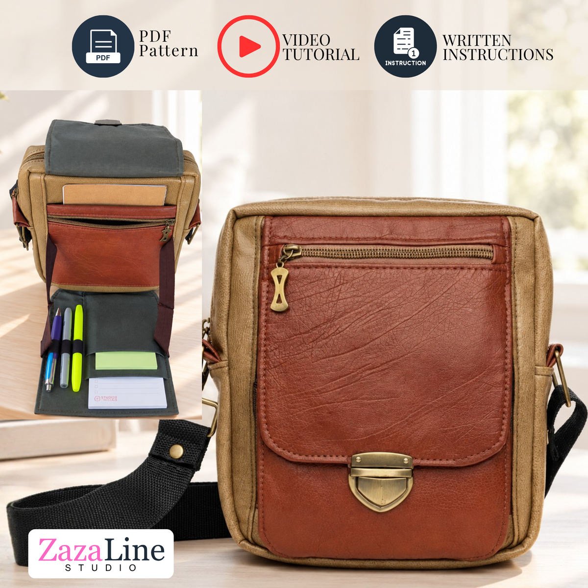 Vertical Messenger Bag Sewing Pattern, Modular Bag Pattern with Fold-Down Organizer, Multi-Pocket PDF Tutorial