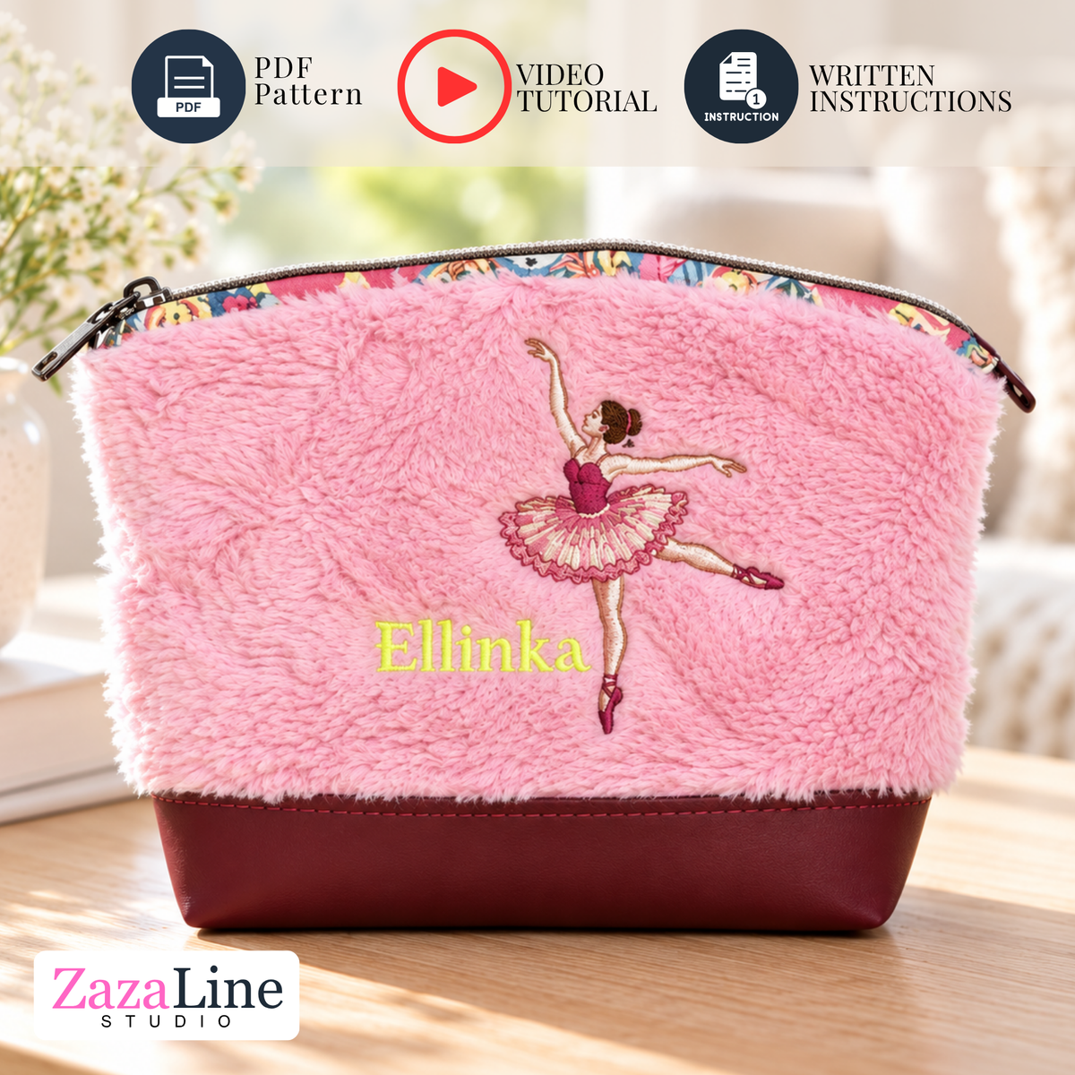 Plush Fabric Girls Handbag Sewing Pattern PDF, Convertible Zipper Pouch to Purse with Embroidery, Video Tutorial